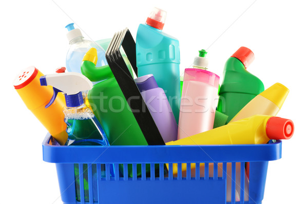 Bevásárlókosár mosószer üvegek izolált fehér vegyi Stock fotó © monticelllo