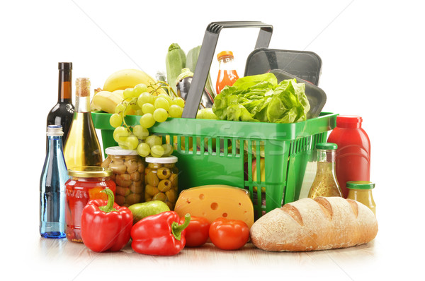 Foto stock: Mercearia · produtos · carrinho · de · compras · água · vinho · fruto