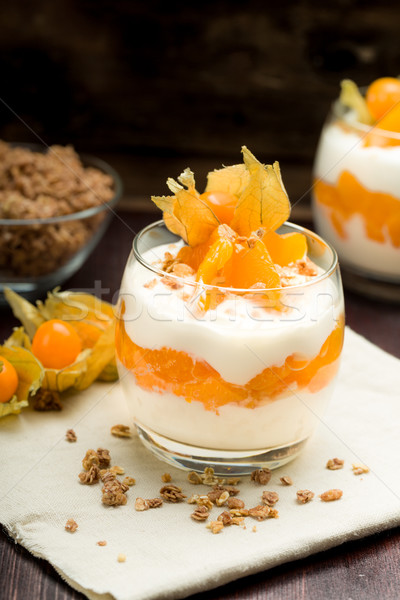 Stockfoto: Yoghurt · mandarijn- · sinaasappelen · vruchten · glas