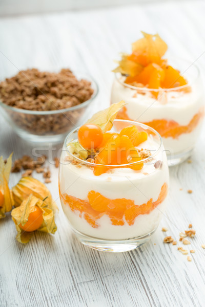 Stockfoto: Yoghurt · mandarijn- · sinaasappelen · vruchten · glas