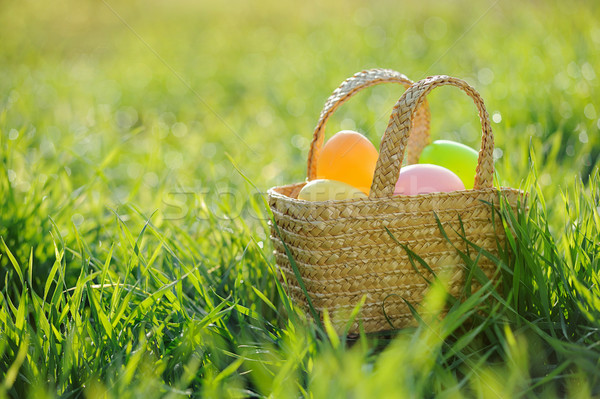 Basket filled with Easter eggs in green grass outdoor Stock photo © Moravska