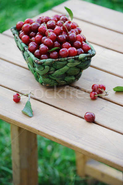 Stock photo: Ripe cherries in a basket on wooden table outdoor