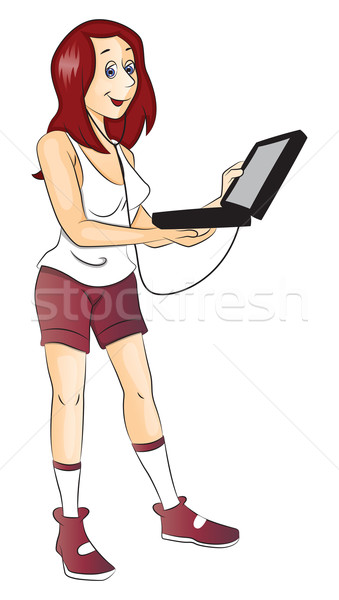 Foto stock: Vetor · mulher · jovem · escuta · música · laptop · caber