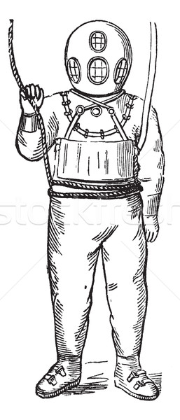 Diver in Surface-supplied Diving Equipment, vintage engraving Stock photo © Morphart