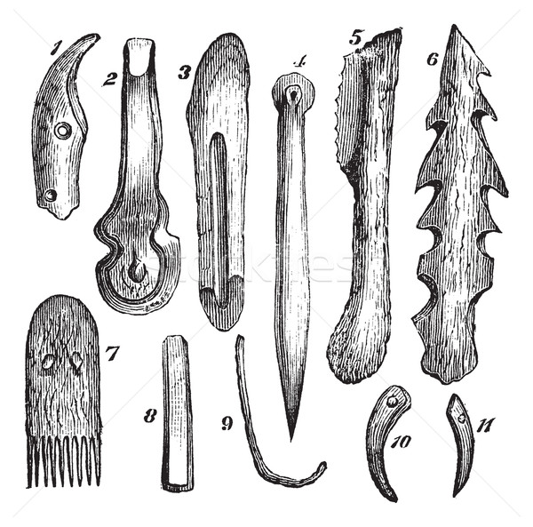 Bone implements, flint and wood, found in Moosseedorf vintage en Stock photo © Morphart