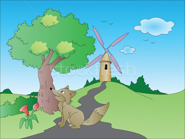 Vector of curious fox on path leading towards windmill. Stock photo © Morphart