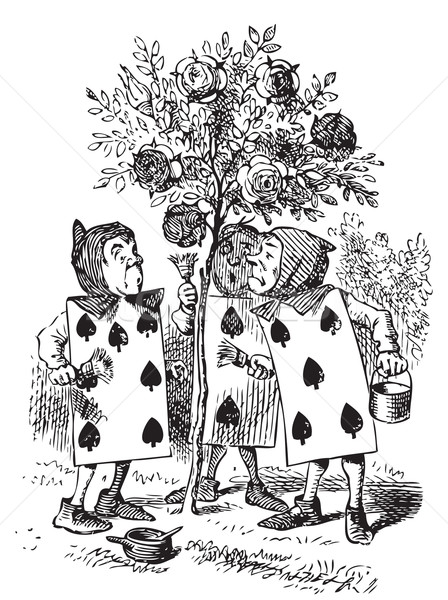Stock photo: Two, Five and Seven painting the rosebush - Alice in Wonderland 