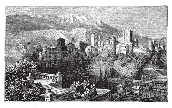 Stock photo: The Alhambra, in Granada, Spain. Old engraving around 1890.