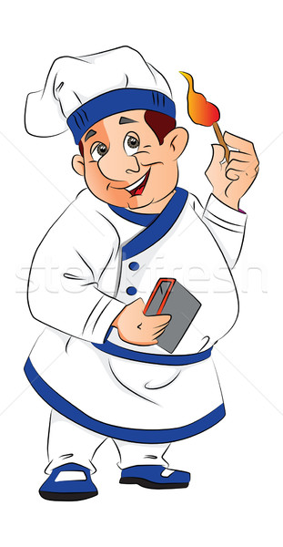 Stock photo: Vector of smiling chef holding a lit matchstick.