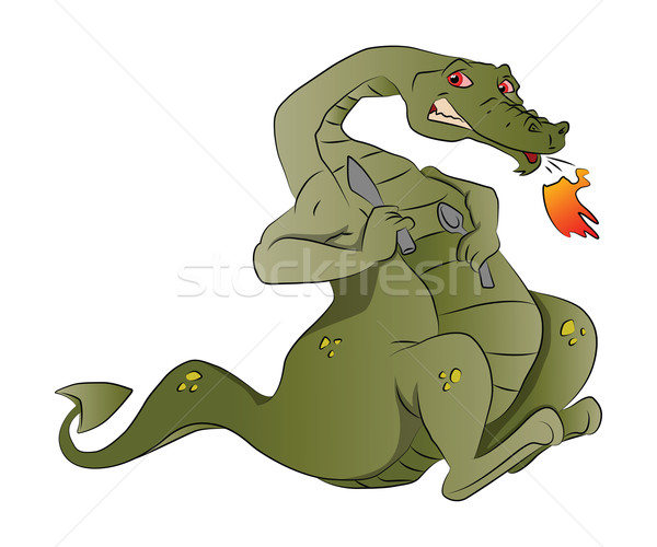 Fire-breathing Dragon with Spoon and Knife, illustration Stock photo © Morphart