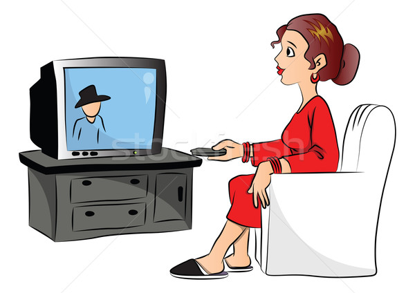 вектора женщину Смотря телевизор домой экране смешные Сток-фото © Morphart