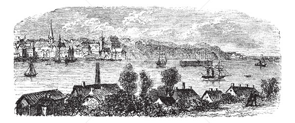 Stock photo: River, buildings and mountain at Kiel, Germany vintage engraving