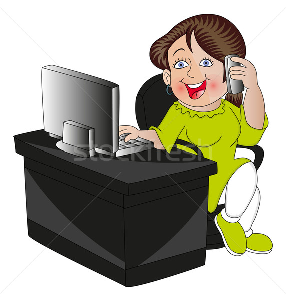 Stock photo: Vector of woman using cell phone and computer.