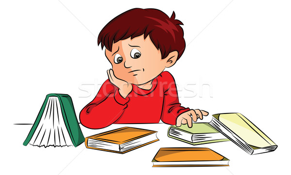Vector of unhappy boy with books on desk. Stock photo © Morphart