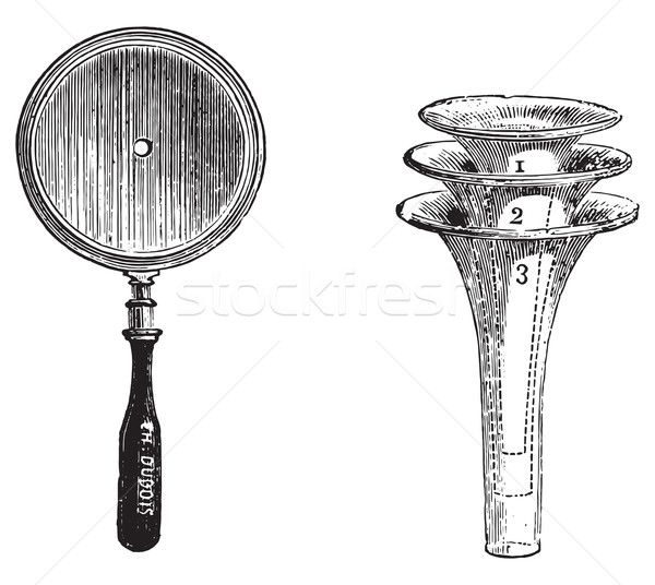 Fig. 994. Concave mirror for otoscopic examination, Fig. 995. Set of three speculums to practice oto Stock photo © Morphart