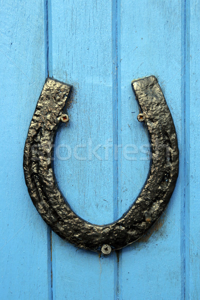 black horseshoe nailed to blue door Stock photo © morrbyte