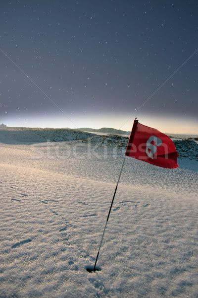 Stockfoto: Sneeuw · gedekt · links · golfbaan · vlag · nacht