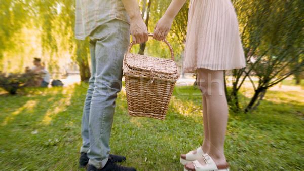 Couple in love carrying wicker basket together, choosing place for picnic, date Stock photo © motortion