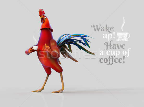 Rooster with cup of coffee 3D illustration Stock photo © motttive