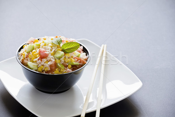 Stok fotoğraf: Pirinç · sebze · salata · fotoğraf · çanak · mısır