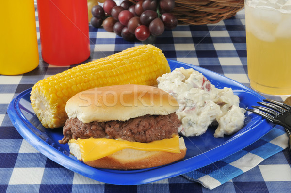 Hamburguesa con queso maíz ensalada de papa mesa de picnic beber placa Foto stock © MSPhotographic