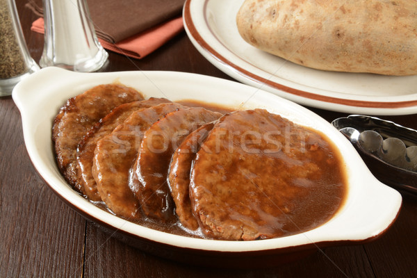 Steak szervírozó tál hús hamburger étel rusztikus Stock fotó © MSPhotographic
