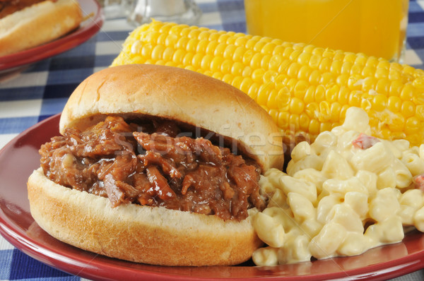Stock photo: Barbecue beef sandwich with corn on the cob