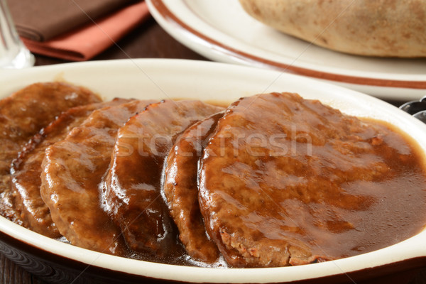 Steak közelkép szervírozó tál mártás hús Stock fotó © MSPhotographic