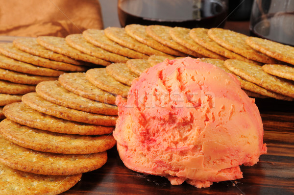 Stock photo: Cheddar cheese ball and crackers