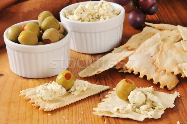 Stock photo: Crackers, olives and feta cheese