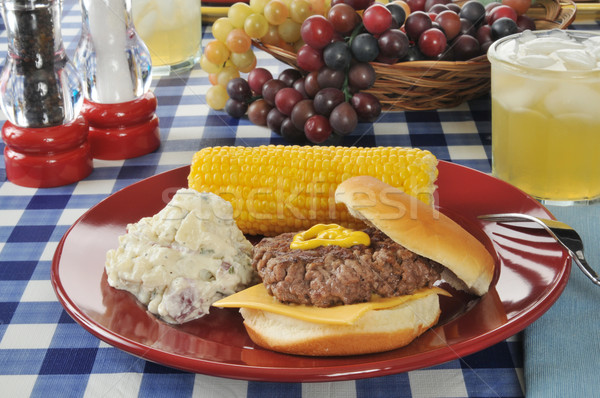 Kaas hamburger mais cheeseburger aardappelsalade picknicktafel Stockfoto © MSPhotographic