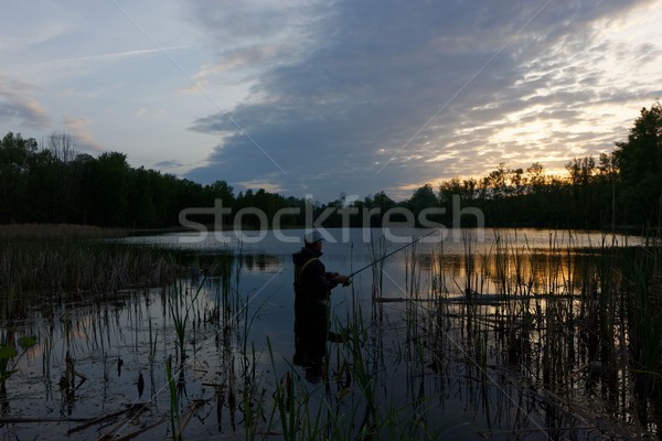 [[stock_photo]]: Pêcheur · lac · eau · nature · sunrise · pêche