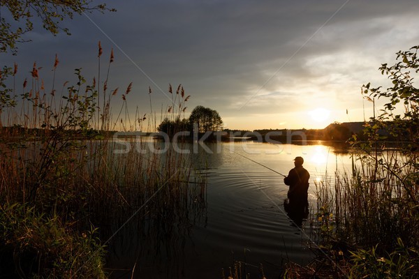 Rybaka sylwetka stałego jezioro ryb wody Zdjęcia stock © mtmmarek