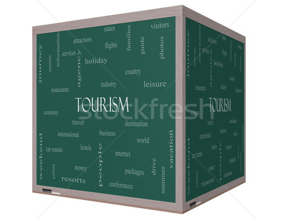 Tourism Word Cloud Concept on a 3D cube Blackboard Stock photo © mybaitshop