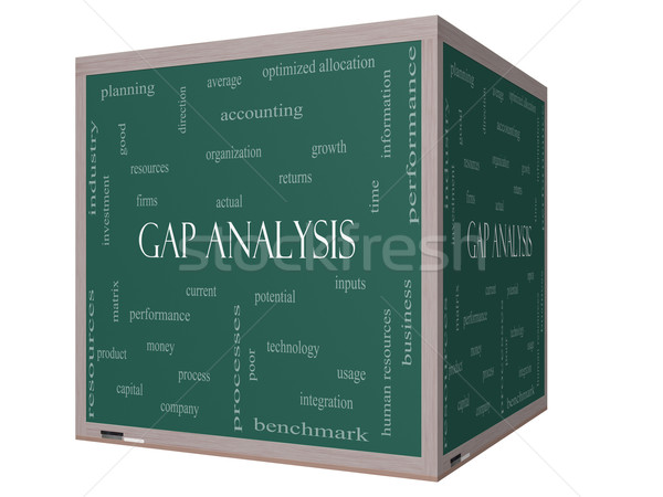 Gap Analysis Word Cloud Concept on a 3D cube Blackboard Stock photo © mybaitshop