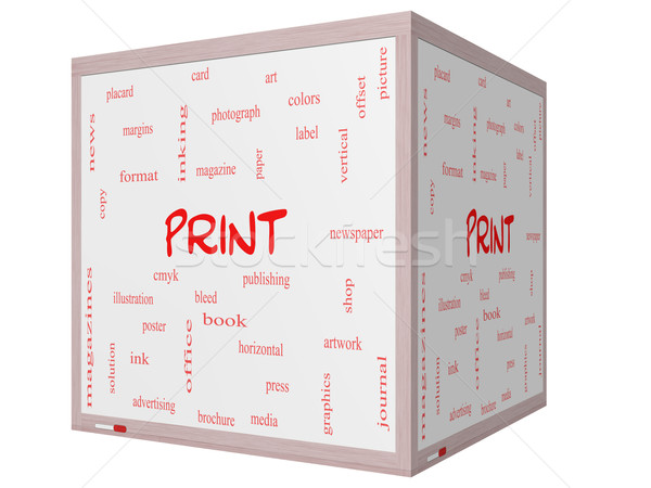 Print Word Cloud Concept on a 3D cube Whiteboard Stock photo © mybaitshop