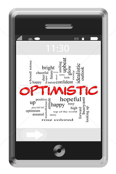 ストックフォト: 楽観的 · 言葉の雲 · タッチスクリーン · 電話 · ポジティブ