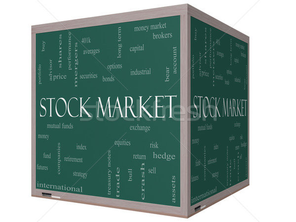 Stock Market Word Cloud Concept on a 3D cube Blackboard Stock photo © mybaitshop