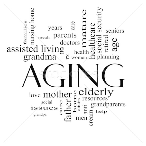 Aging Word Cloud Concept in black and white Stock photo © mybaitshop