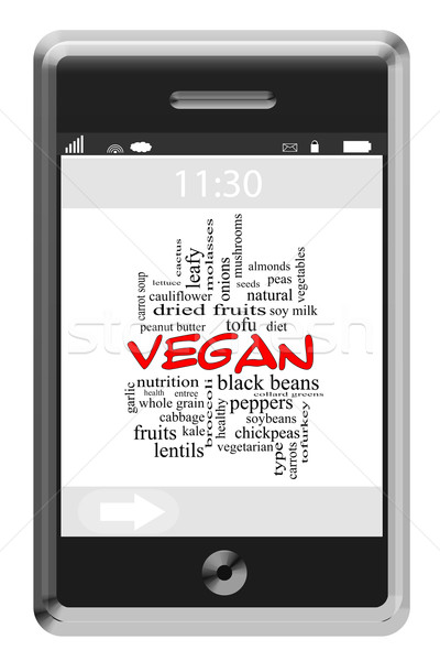 Stock fotó: Vegan · szófelhő · érintőképernyő · telefon · nagyszerű · zöldségek