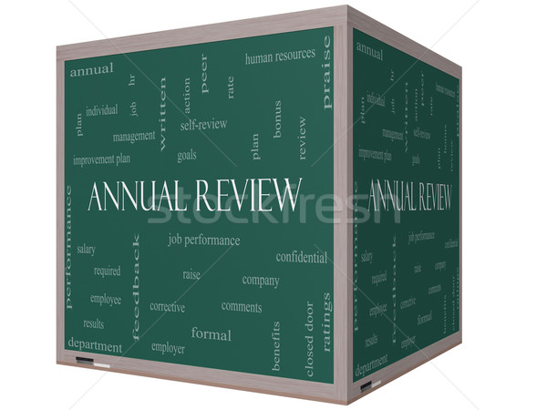Annual Review Word Cloud Concept on a 3D Cube Blackboard Stock photo © mybaitshop