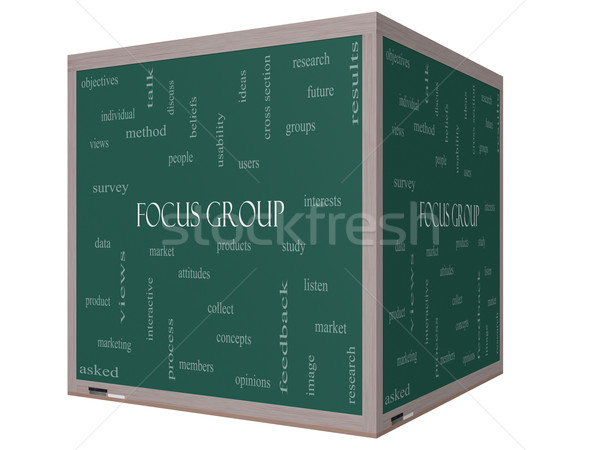 Focus Group Word Cloud Concept on a 3D cube Blackboard Stock photo © mybaitshop