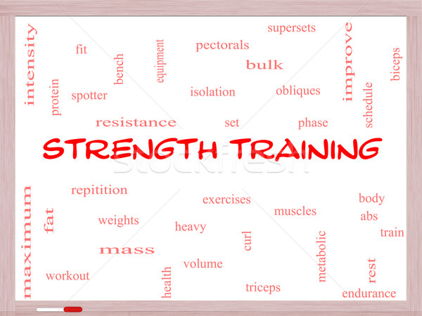 Strength Training Word Cloud Concept on a Whiteboard Stock photo © mybaitshop