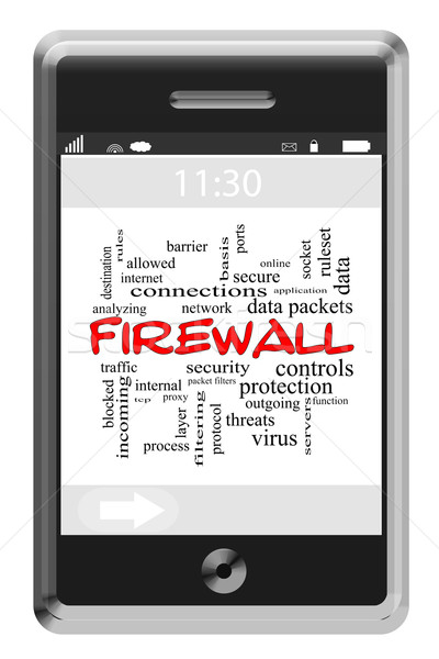 Firewall chmura słowo ekran dotykowy telefonu serwera Zdjęcia stock © mybaitshop