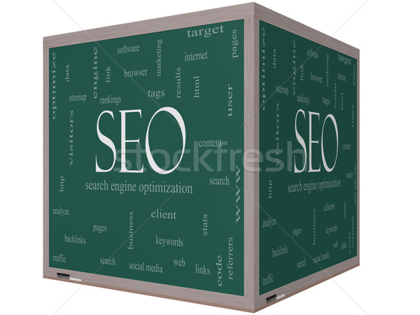 Stock photo: SEO Word Cloud Concept on a 3D cube Blackboard