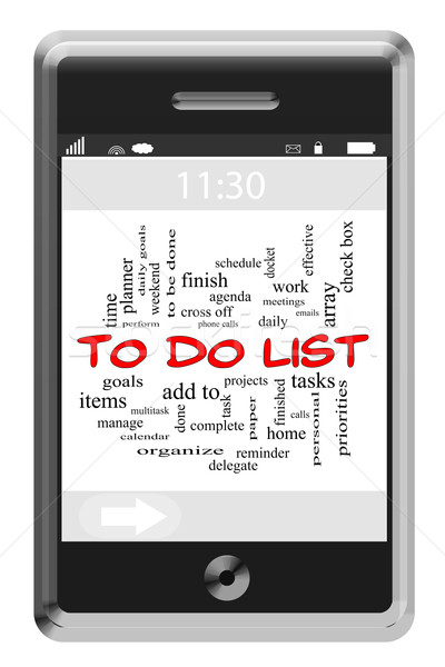 Lista rzeczy do zrobienia chmura słowo ekran dotykowy telefonu zadania Zdjęcia stock © mybaitshop