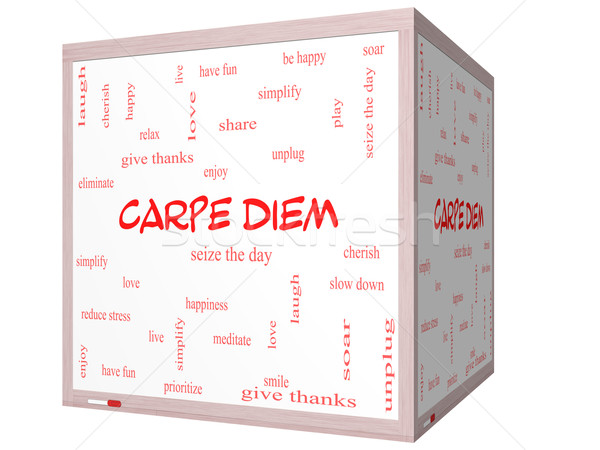 Carpe Diem Word Cloud Concept on a 3D cube Whiteboard Stock photo © mybaitshop