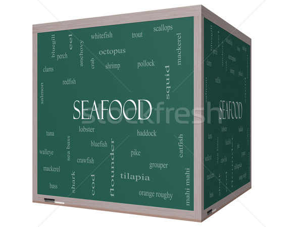 Seafood Word Cloud Concept on a 3D cube Blackboard Stock photo © mybaitshop