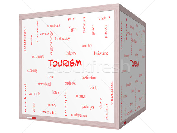 Tourism Word Cloud Concept on a 3D cube Whiteboard Stock photo © mybaitshop