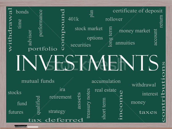 [[stock_photo]]: Investissements · nuage · de · mots · tableau · noir · magnifique · mutuelle